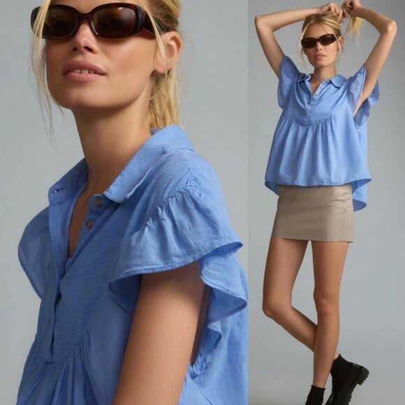 Anthropologie Pilcro Flutter-Sleeve Babydoll Top Wedgewood Blue Cotton $70 India - Picture 1 of 14